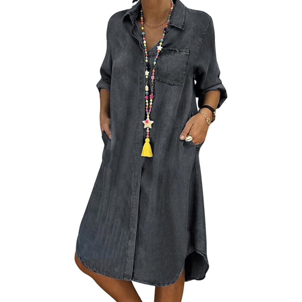 Boho Westen Core Black Grey Denim Shirt Dress Long Sleeve Button Down Midi Dress - Picture 4 of 8